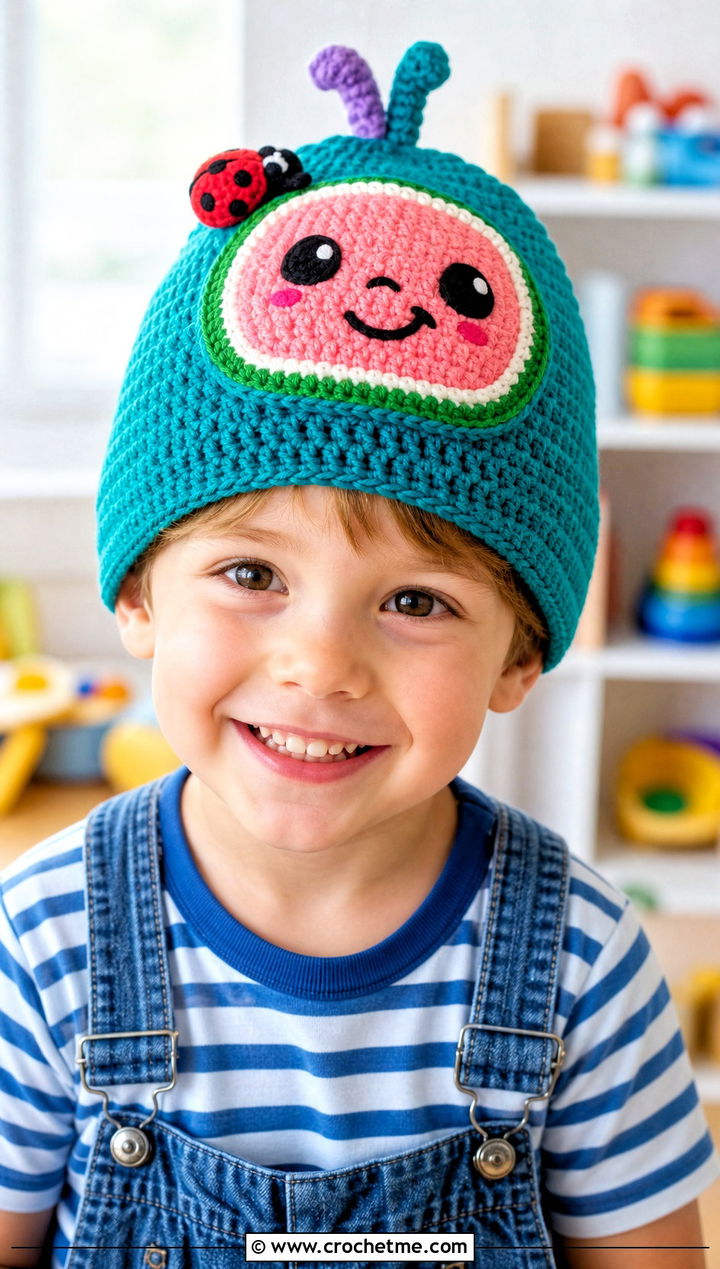 Cocomelon Crochet Classic Beanie With Denim Overalls - 20 Cocomelon Crochet Hat outfit ideas