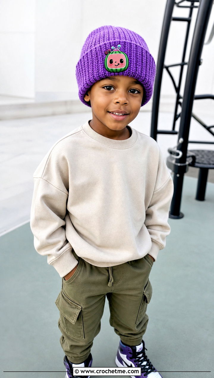 Cocomelon Crochet Cuffed Beanie With Cargo Joggers - 20 Cocomelon Crochet Hat outfit ideas
