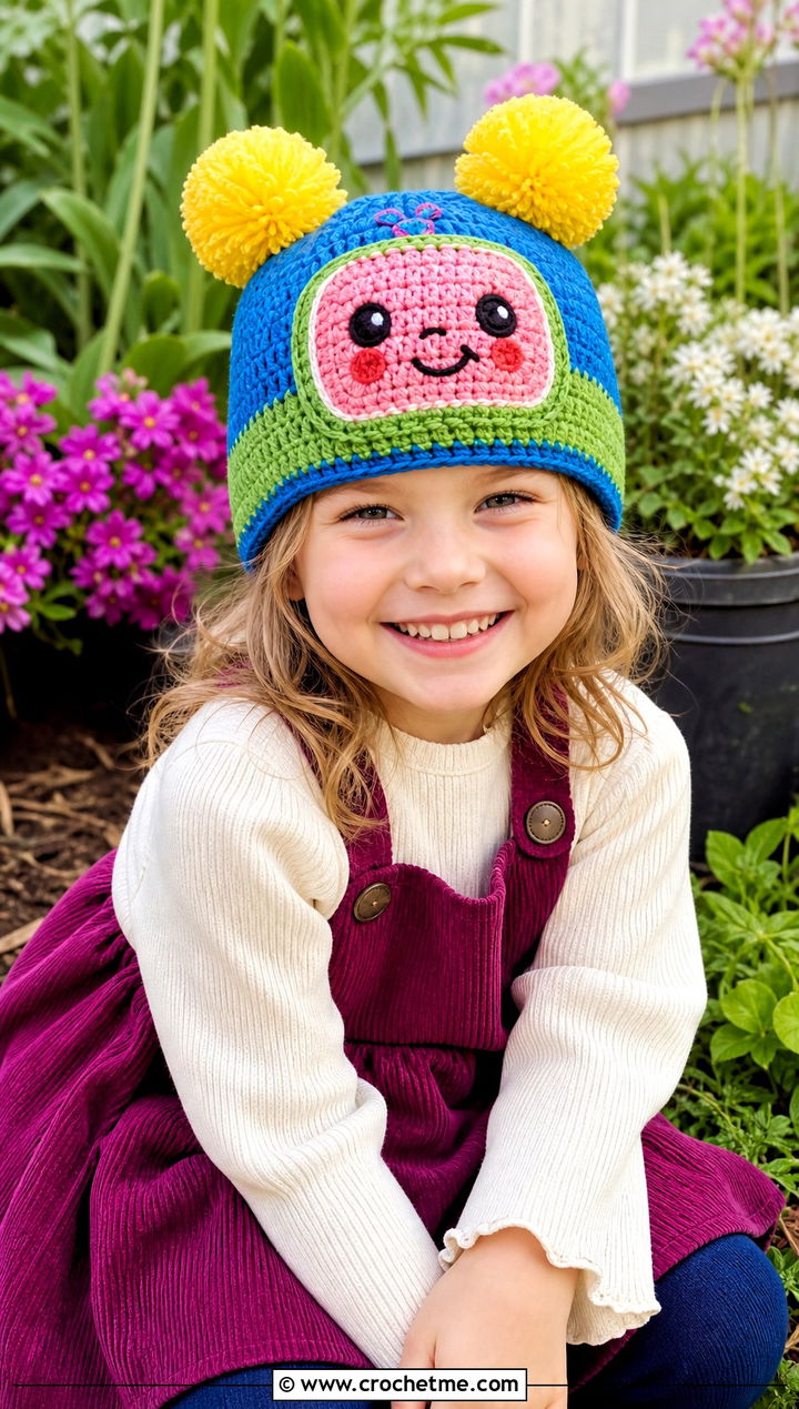 Cocomelon Crochet Double Pom Beanie With Pinafore Dress - 20 Cocomelon Crochet Hat outfit ideas