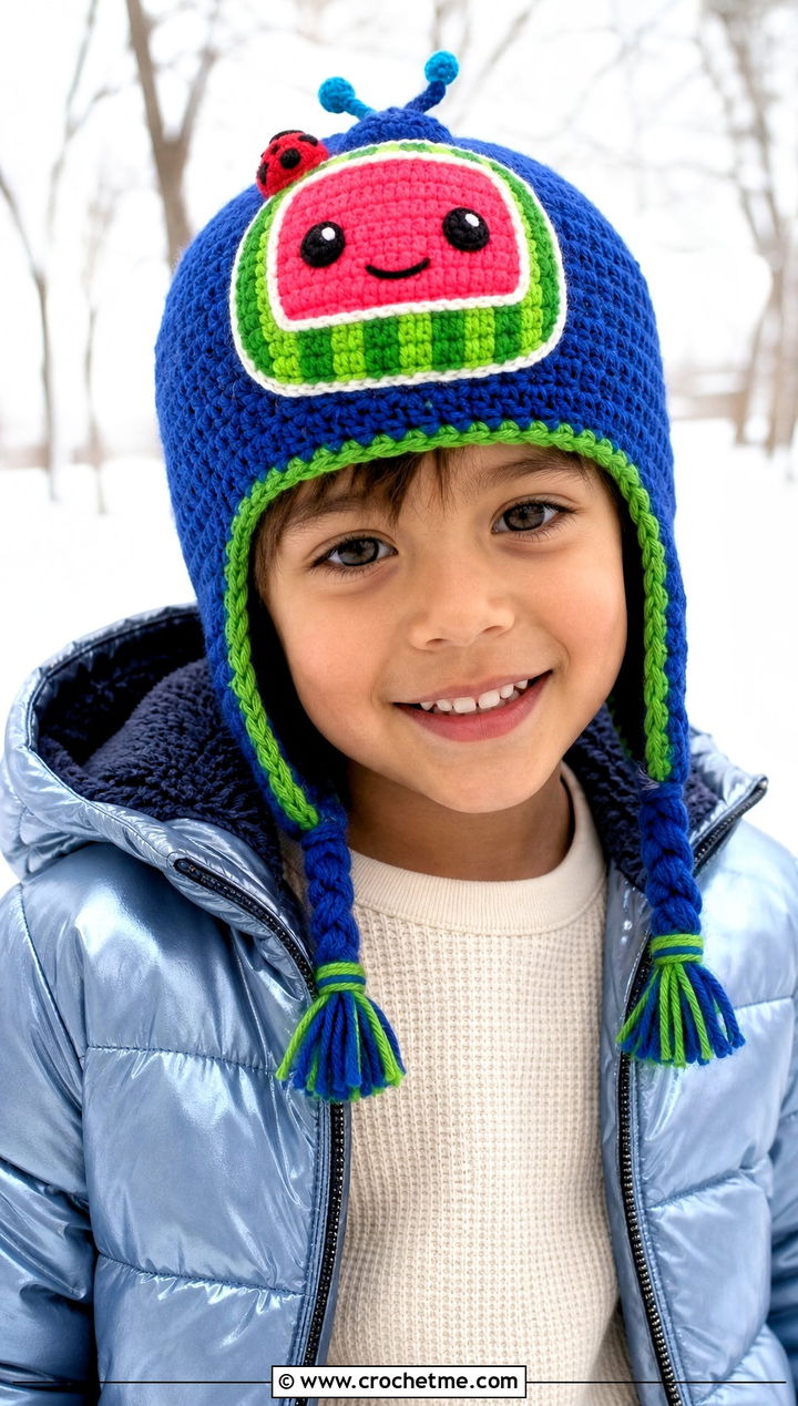 Cocomelon Crochet Earflap Hat With Puffer Jacket - 20 Cocomelon Crochet Hat outfit ideas