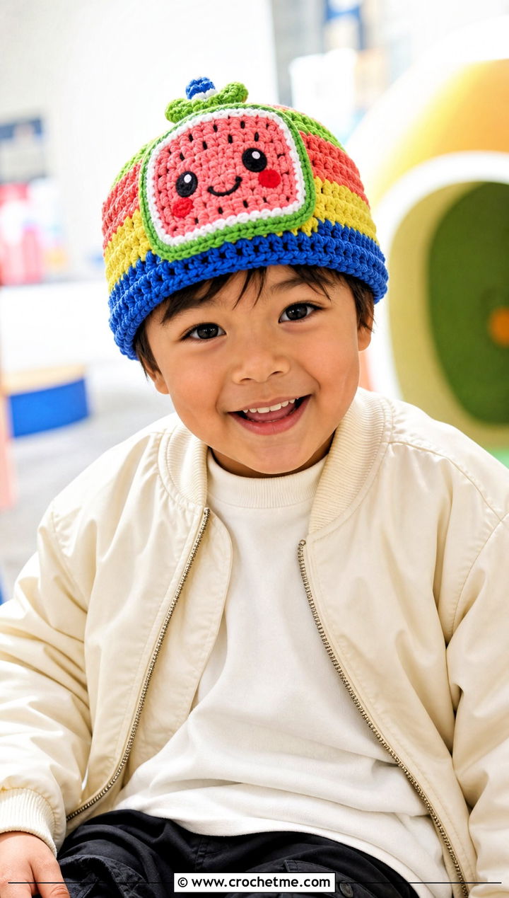 Cocomelon Crochet Granny Stripe Beanie With Bomber Jacket - 20 Cocomelon Crochet Hat outfit ideas