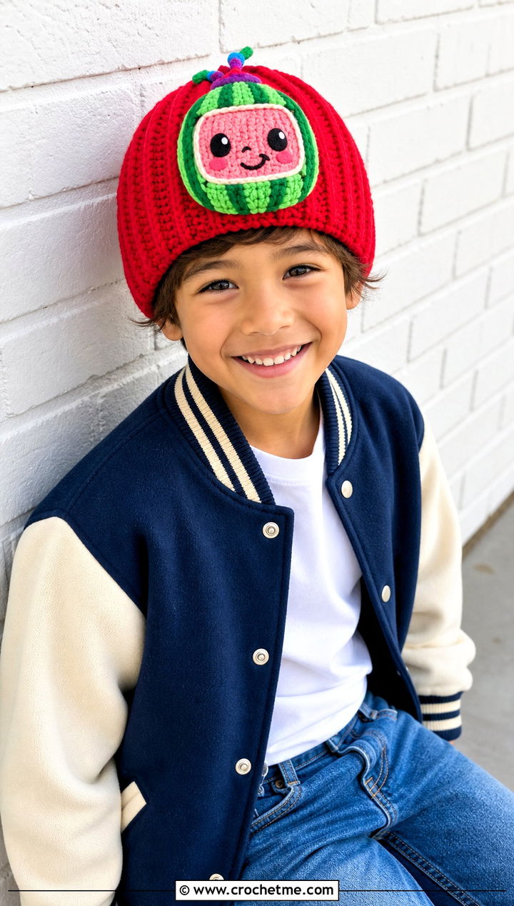 Cocomelon Crochet Ribbed Beanie With Varsity Jacket - 20 Cocomelon Crochet Hat outfit ideas