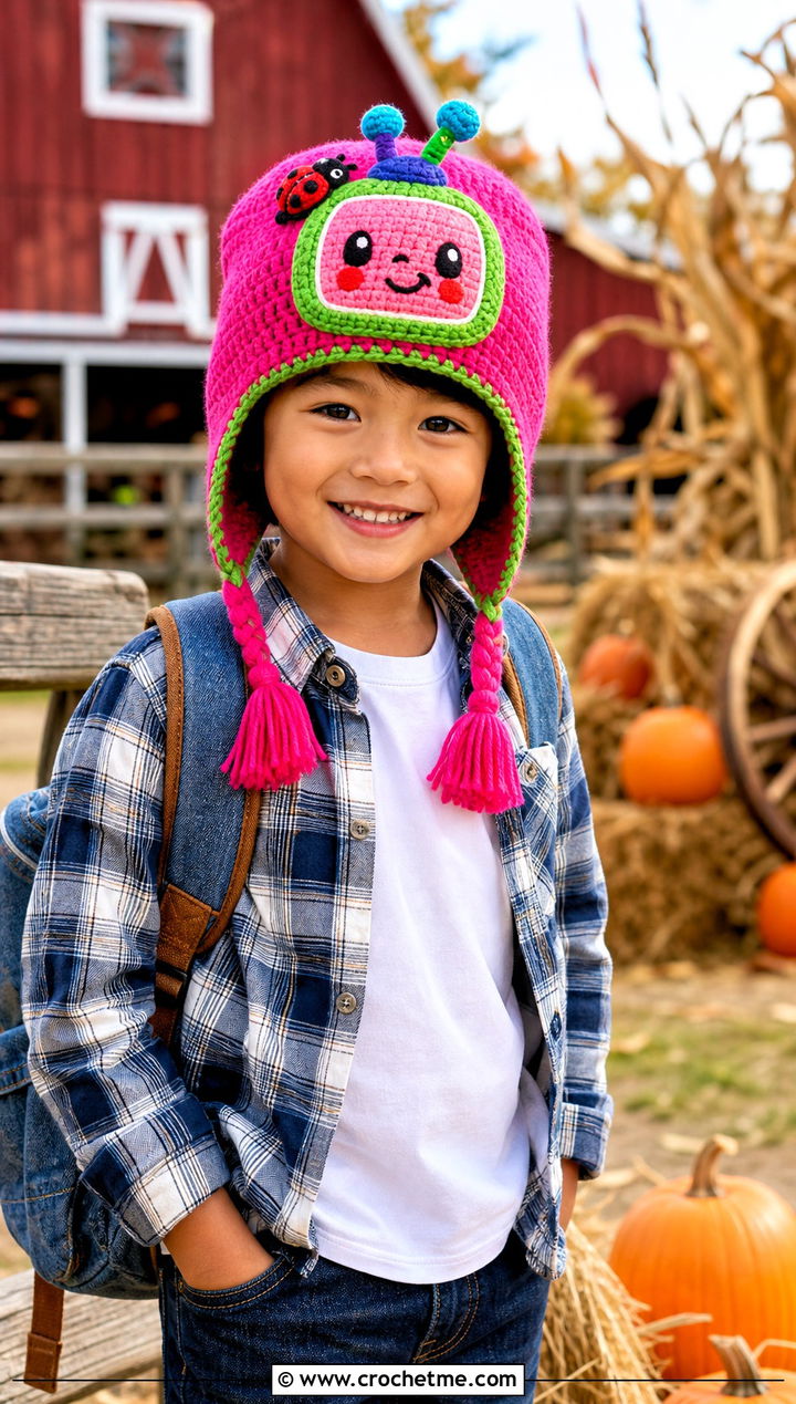 Cocomelon Crochet Tassel Hat With Plaid Shirt And Jeans - 20 Cocomelon Crochet Hat outfit ideas