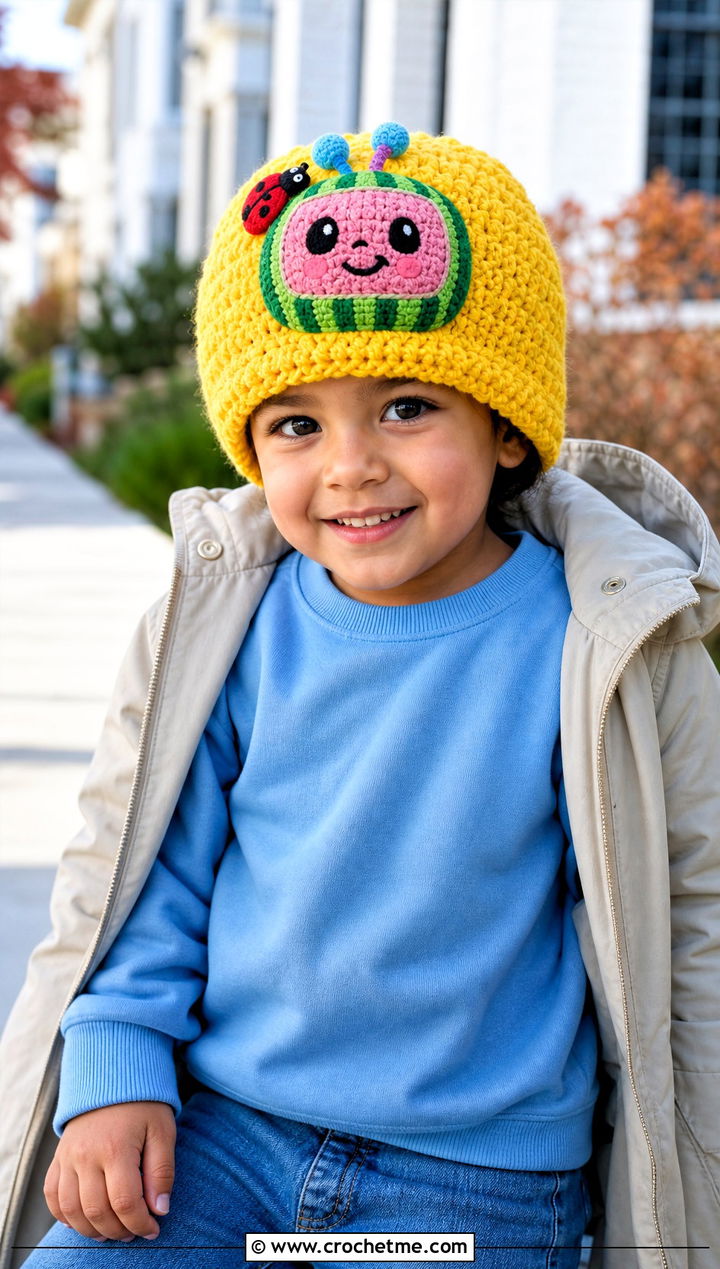 Cocomelon Crochet Waffle Stitch Beanie With Sweater And Jeans - 20 Cocomelon Crochet Hat outfit ideas