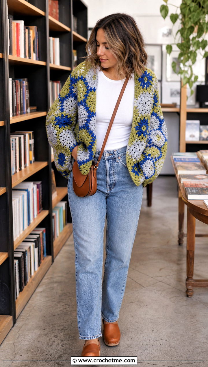 Cocoon African Flower Crochet Cardigan With Straight Leg Jeans - 30 african flower crochet cardigan outfit ideas