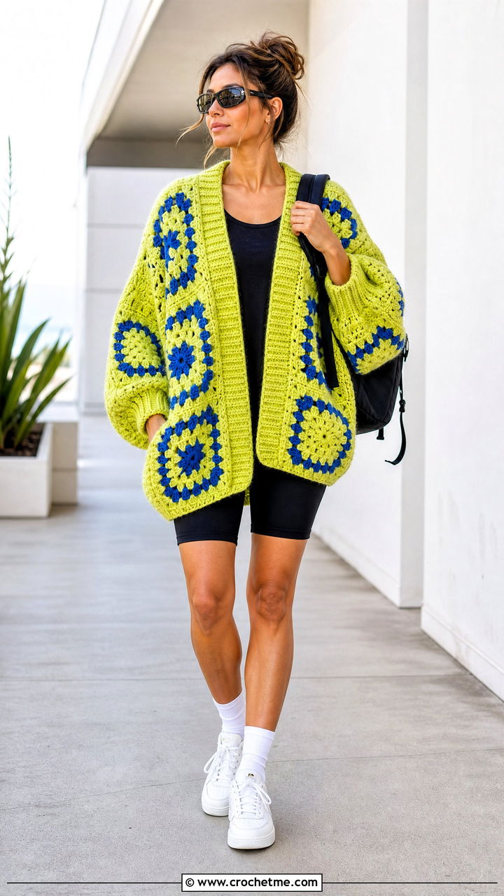 Cocoon Big Granny Square Cardigan With Bike Shorts - 35 Big Granny Square Cardigan outfit ideas