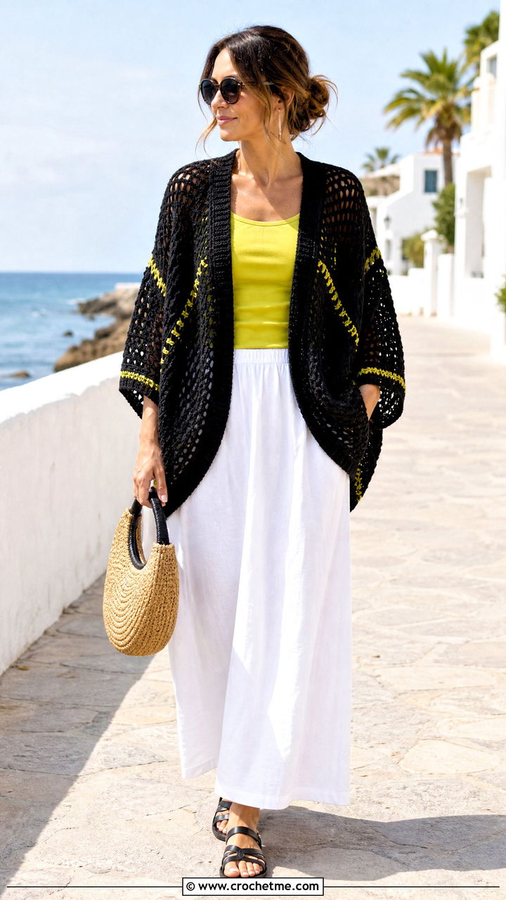 Cocoon Black Crochet Cardigan With Tank And Maxi Skirt - 35 black crochet cardigan outfit ideas