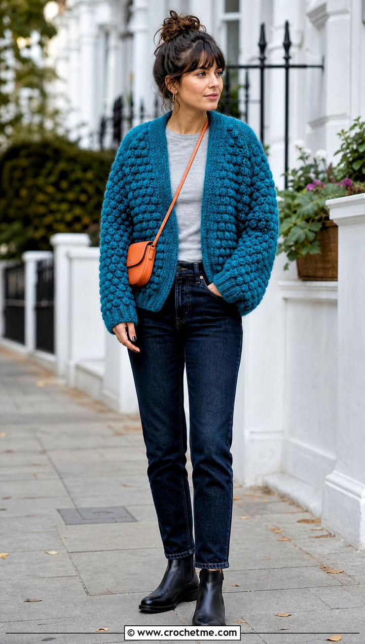 Cocoon Bobble Cardigan With Slim Jeans - 25 Crochet Bobble Cardigan outfit ideas