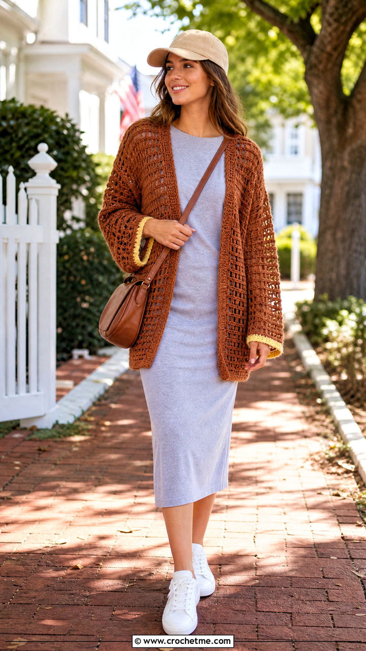 Cocoon Brown Crochet Cardigan With T Shirt Dress - 35 Brown Crochet Cardigan outfit ideas