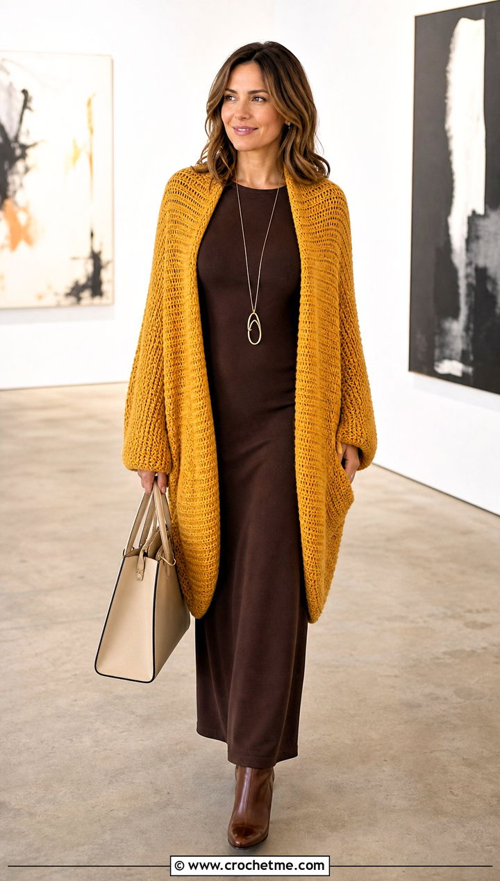 Cocoon Campfire Cardigan With Column Dress - 30 crochet campfire cardigan outfit ideas