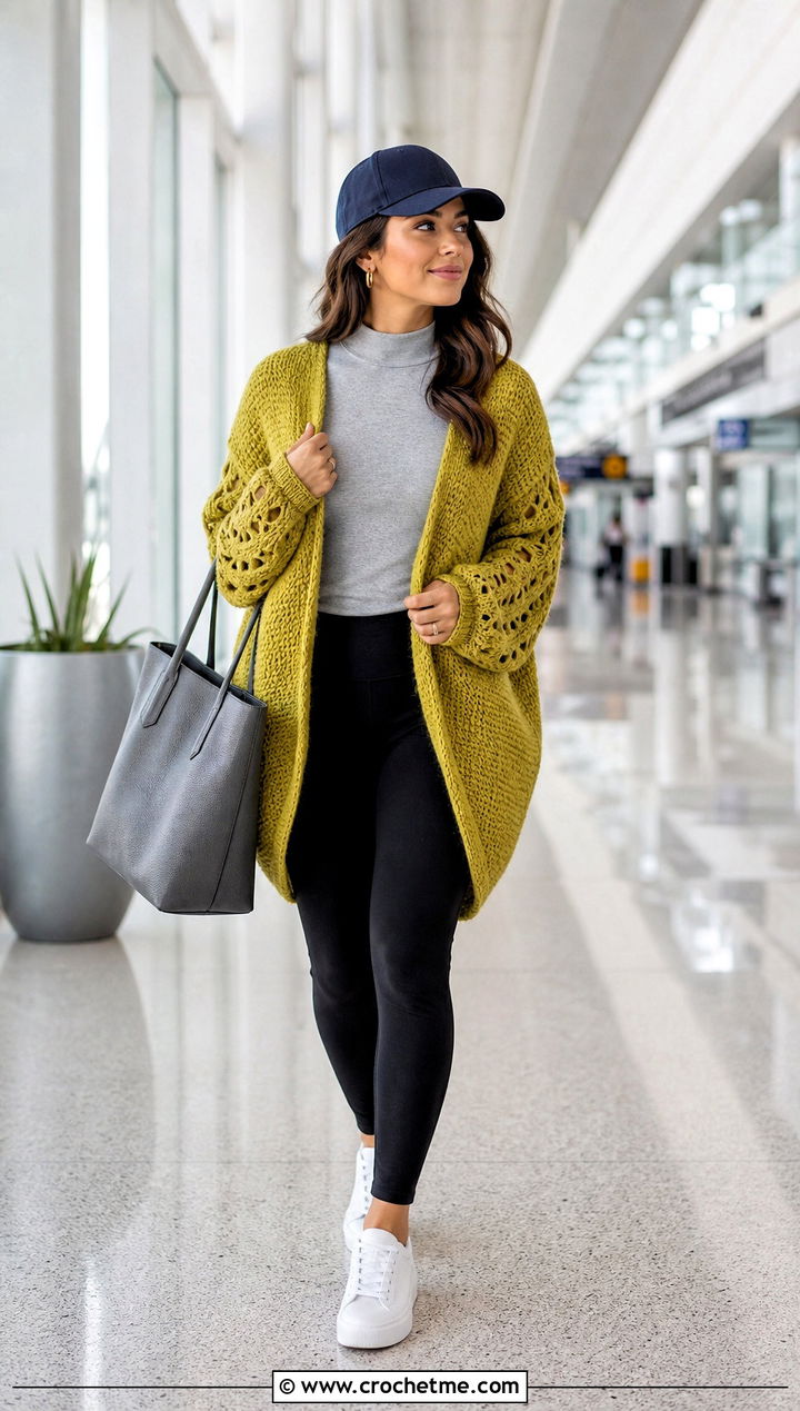 Cocoon Cardigan With Broomstick Lace Sleeves And Leggings - 15 crochet cardigan with lace sleeves outfit ideas