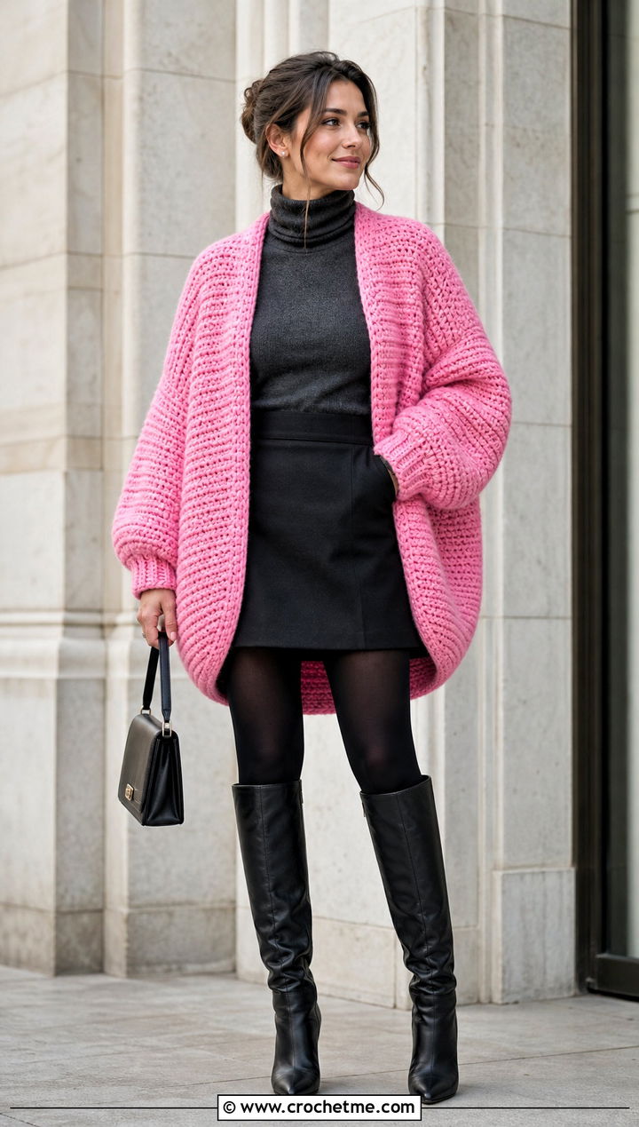 Cocoon Chunky Crochet Cardigan With Mini Skirt And Tall Boots - 15 Chunky Yarn Crochet Cardigan outfit ideas