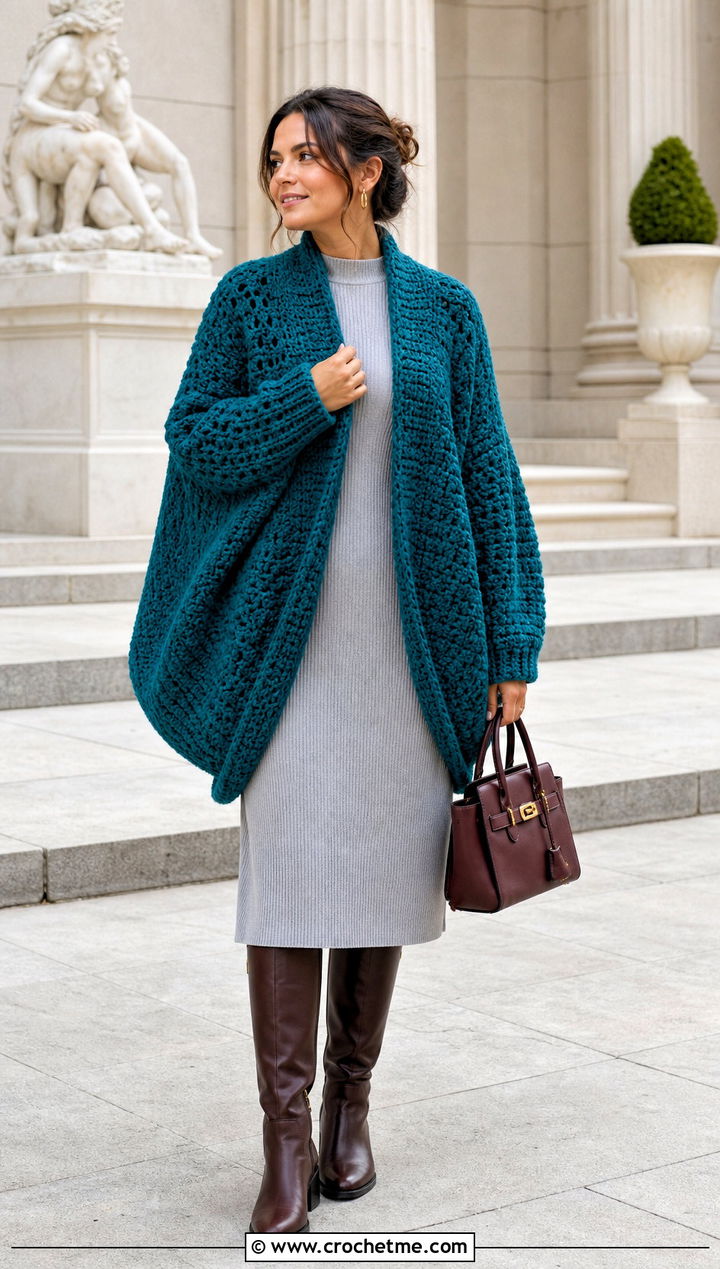 Cocoon Circle Crochet Cardigan With Ribbed Knit Dress - 25 circle crochet cardigan outfit ideas