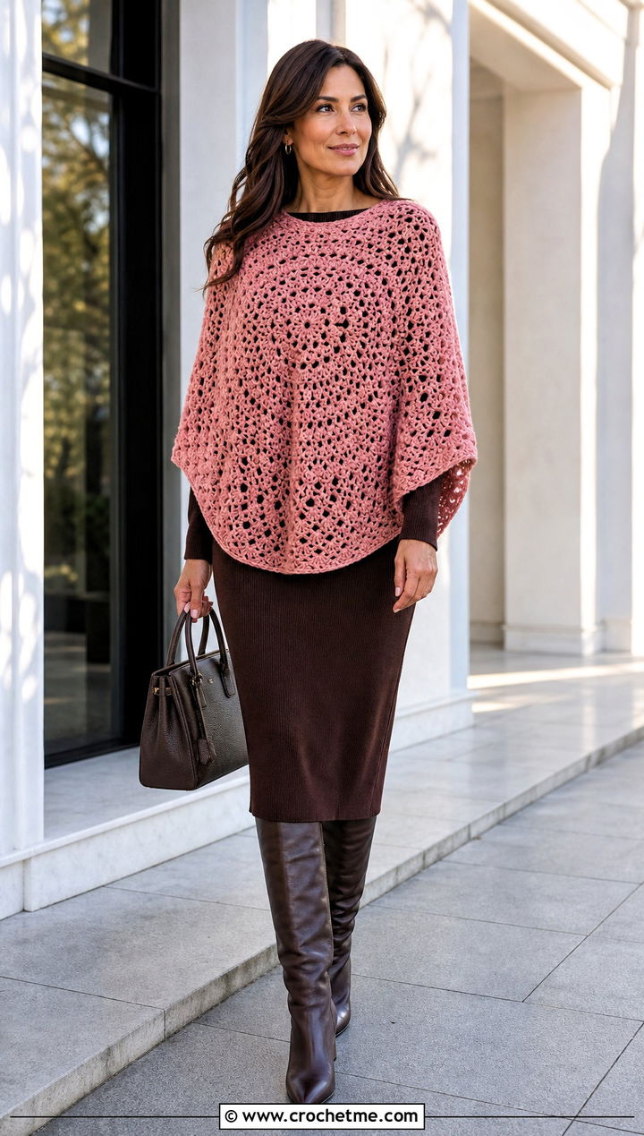 Cocoon Circle Crochet Sweater Over A Knit Dress - 25 Circle Crochet Sweater outfit ideas