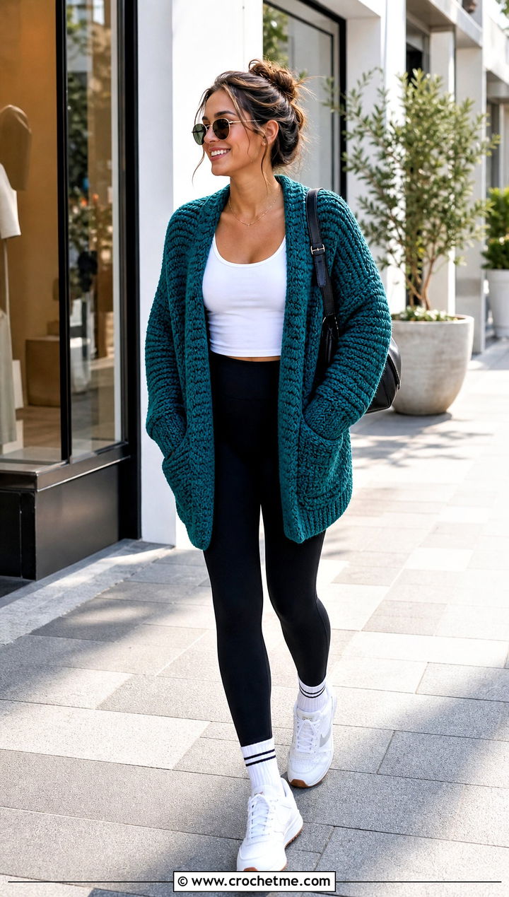 Cocoon Couch Crochet Cardigan With Leggings And Sneakers - 15 Couch Crochet Cardigan outfit ideas