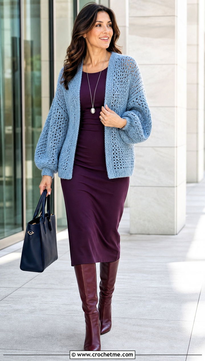 Cocoon Crochet Balloon Sleeve Cardigan With Column Dress - 30 crochet balloon sleeve cardigan outfit ideas