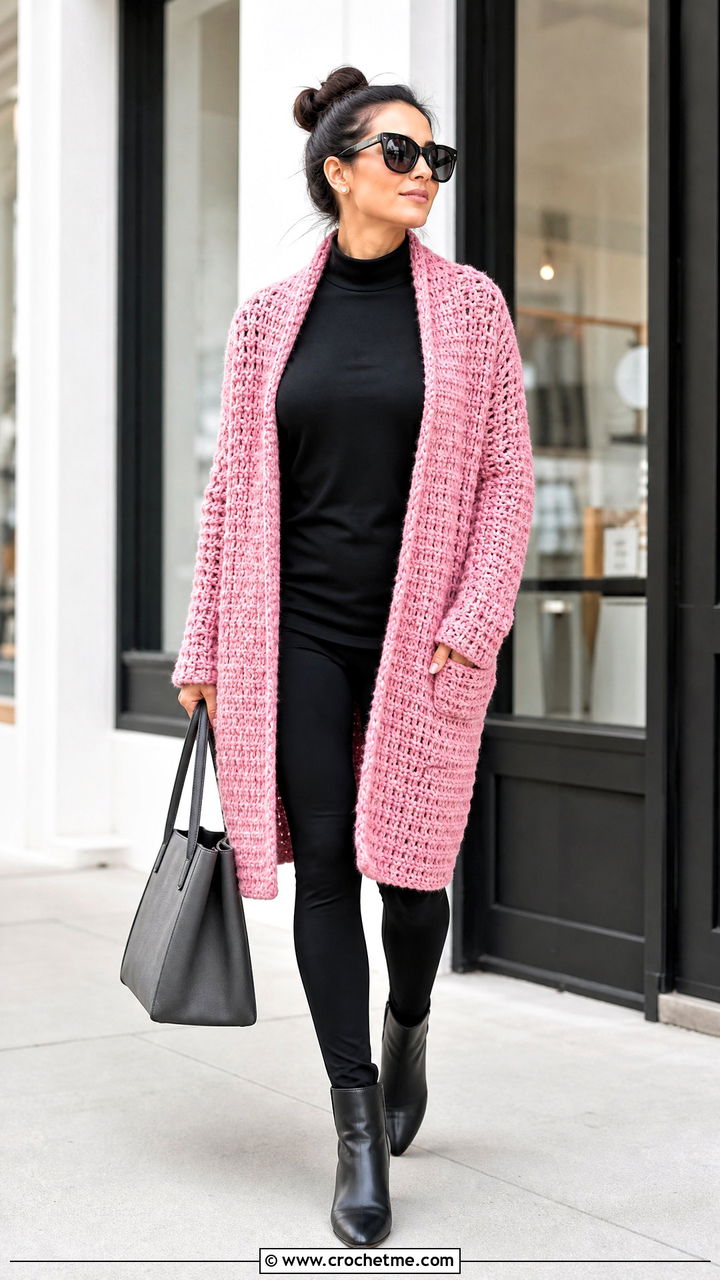 Cocoon Crochet Blanket Cardigan With Black Leggings - 35 crochet blanket cardigan outfit ideas