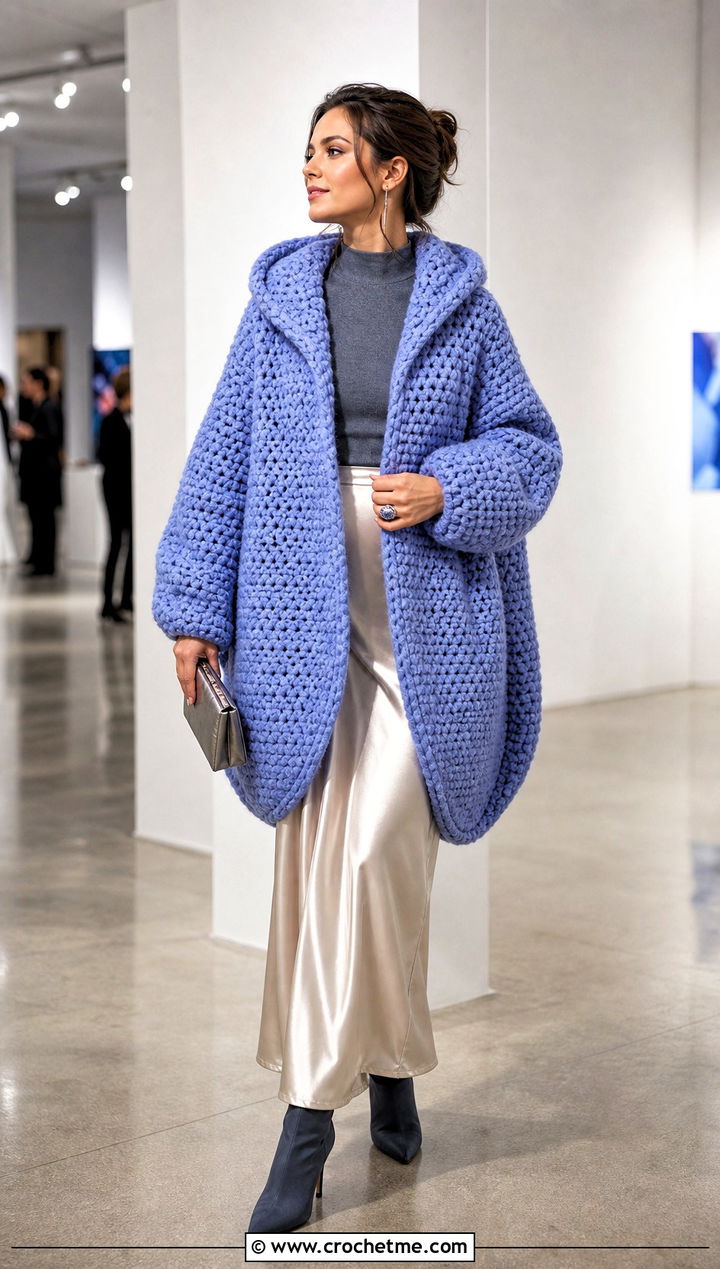 Cocoon Crochet Blanket Hoodie With Silk Slip Skirt - 30 crochet blanket hoodie outfit ideas