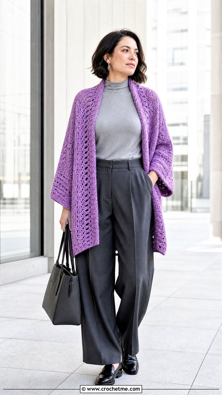 Cocoon Crochet Boho Cardigan With Wide Leg Trousers - 35 crochet boho cardigan outfit ideas