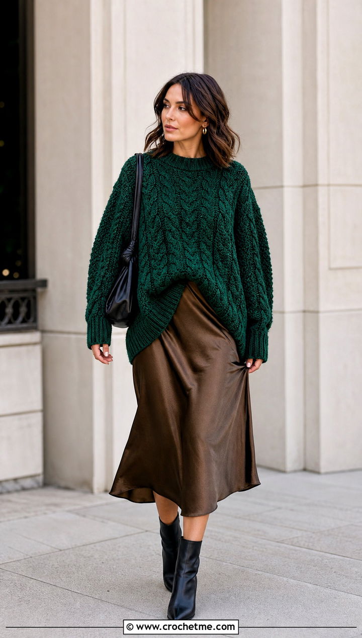 Cocoon Crochet Cable Sweater Over A Slip Dress - 30 crochet cable knit sweater outfit ideas