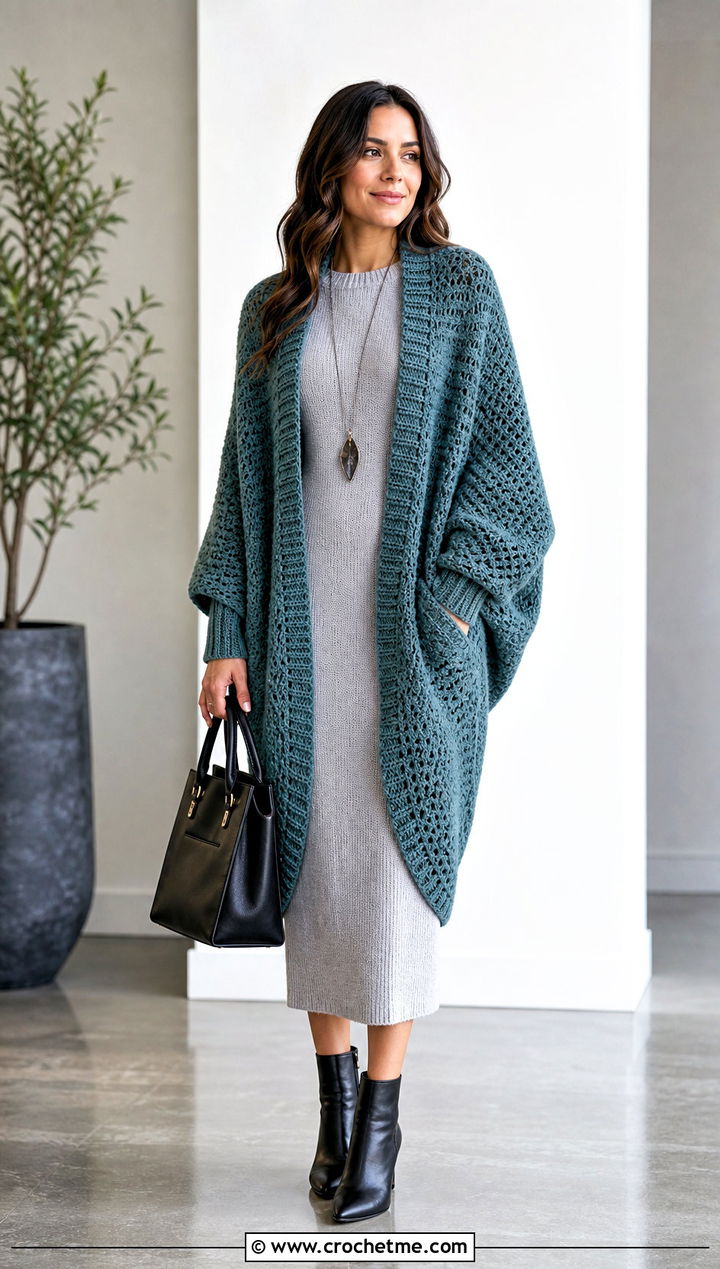 Cocoon Crochet Cardigan With A Knit Column Dress - 25 womens crochet cardigan outfit ideas