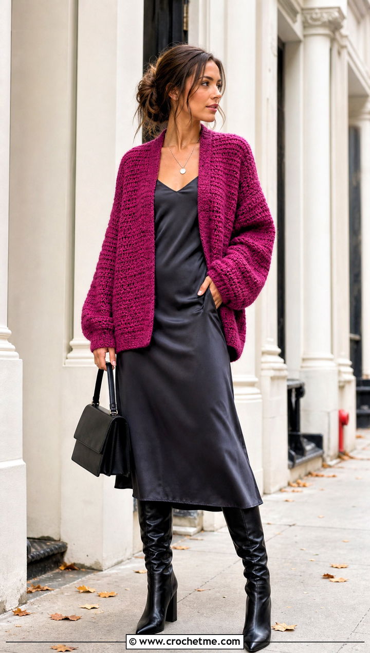 Cocoon Crochet Cardigan With A Slip Dress And Boots - 15 Crochet Womens Cardigan Sweater outfit ideas