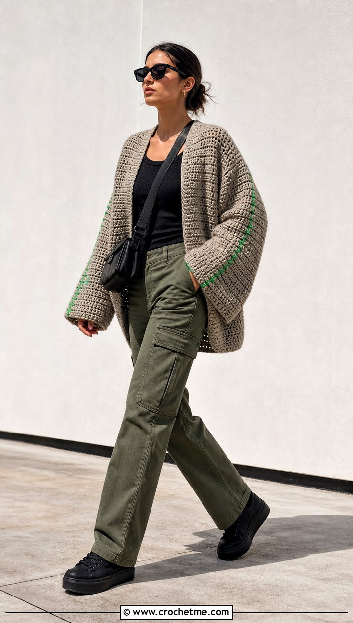 Cocoon Crochet Cardigan With Cargo Pants - 15 neutral tone crochet cardigan outfit ideas