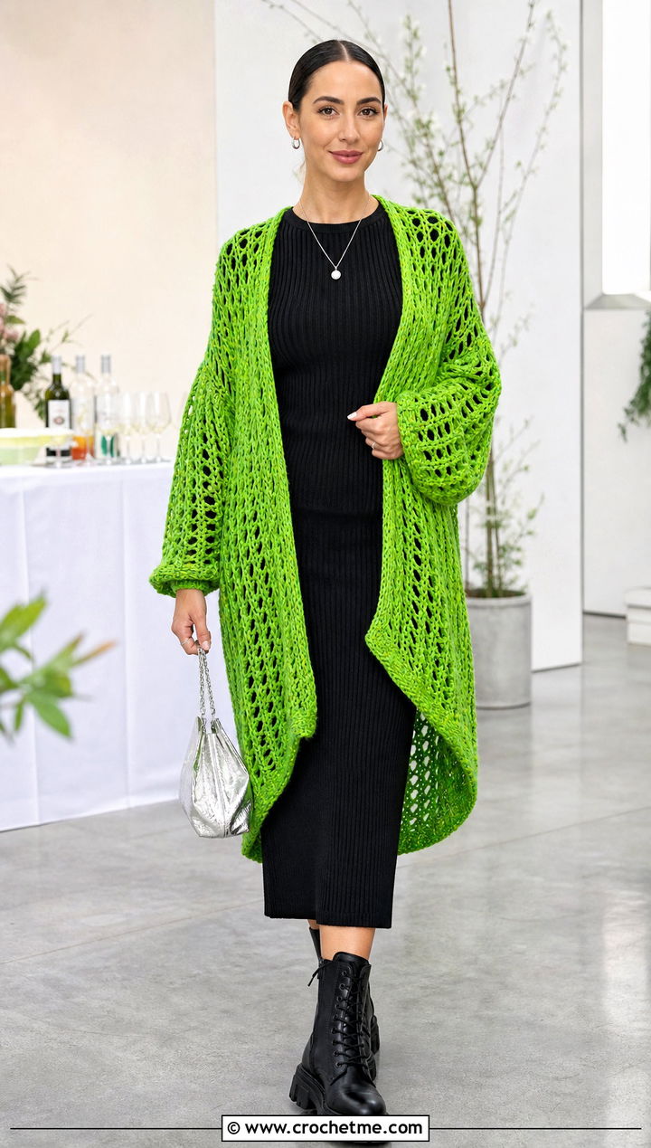 Cocoon Crochet Cardigan With Column Dress - 25 halloween crochet cardigan outfit ideas