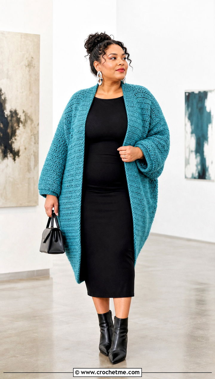 Cocoon Crochet Cardigan With Column Dress - 25 thick crochet cardigan outfit ideas
