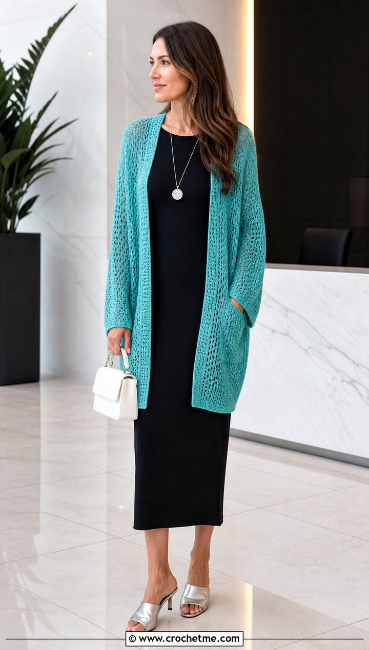 Cocoon Crochet Cardigan With Column Dress - 15 colorful crocheted cardigan on hook outfit ideas