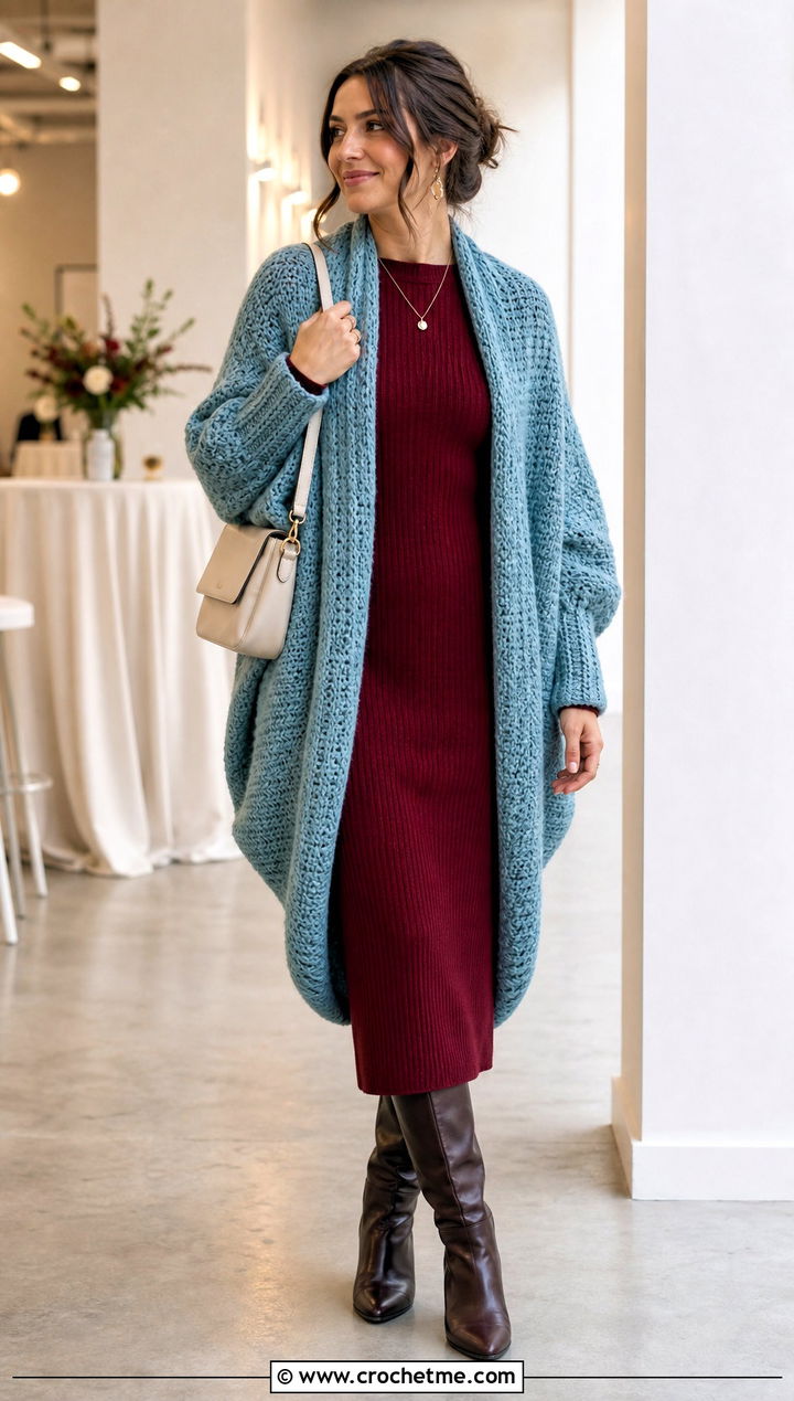 Cocoon Crochet Cardigan With Column Dress - 15 Crochet Cardigan Fall Fashion and outfit ideas