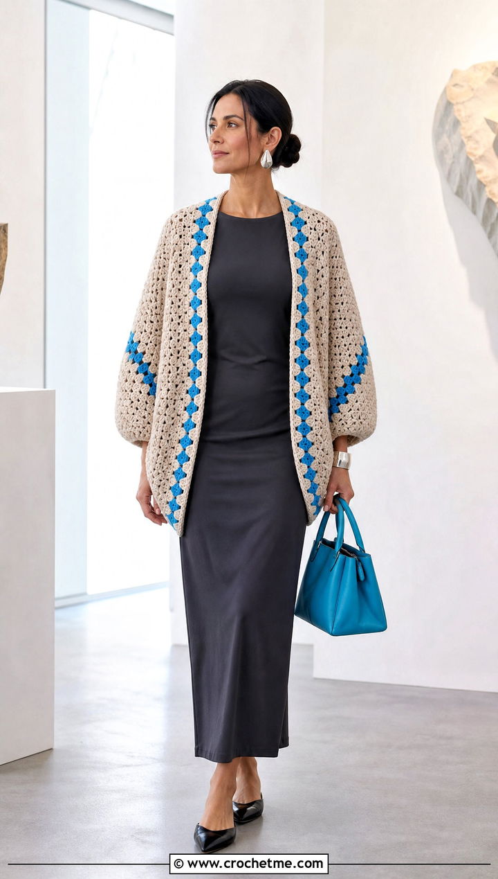 Cocoon Crochet Cardigan With Column Dress - 15 crochet cardigan with blue accents outfit ideas