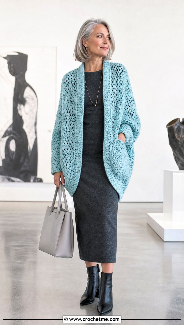 Cocoon Crochet Cardigan With Column Dress - 25 Crochet Cardigan Outfit Aesthetic outfit ideas