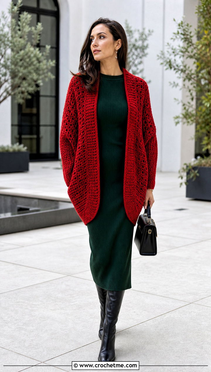 Cocoon Crochet Cardigan With Column Dress - 35 fall crochet cardigan outfit ideas