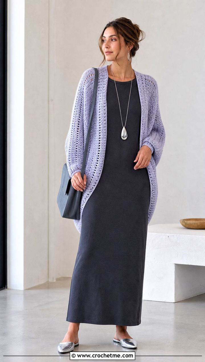 Cocoon Crochet Cardigan With Column Maxi Dress - 15 trendy crochet cardigan outfit ideas