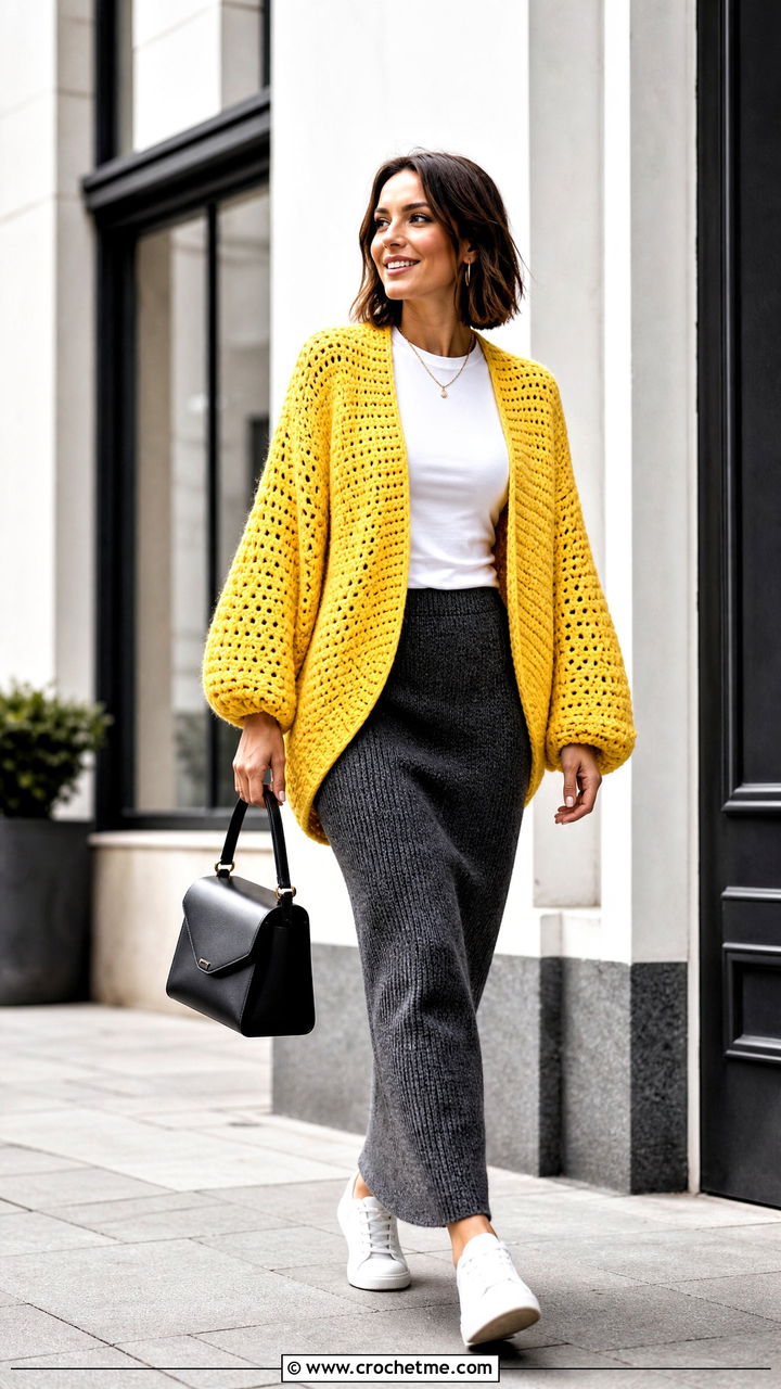 Cocoon Crochet Cardigan With Column Skirt - 35 easy crochet cardigan outfit ideas