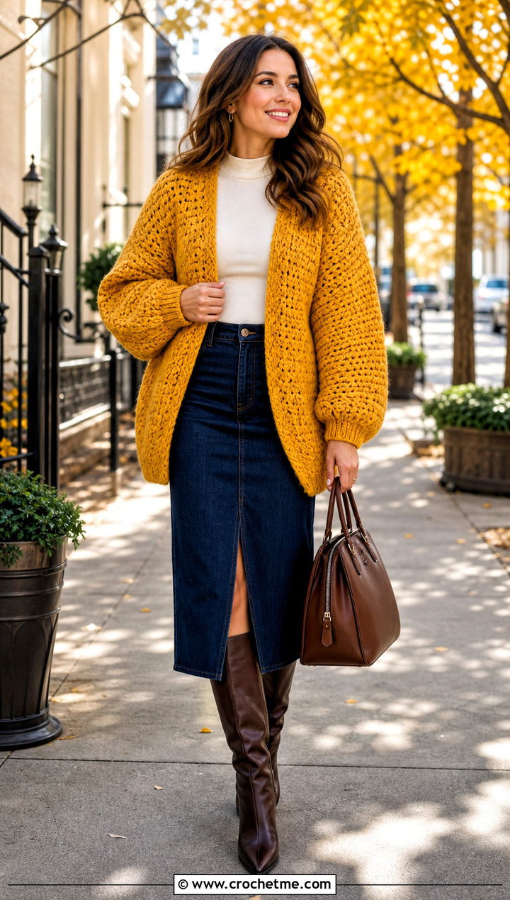 Cocoon Crochet Cardigan With Denim Midi Skirt - 15 crazy classic crochet cardigan outfit ideas