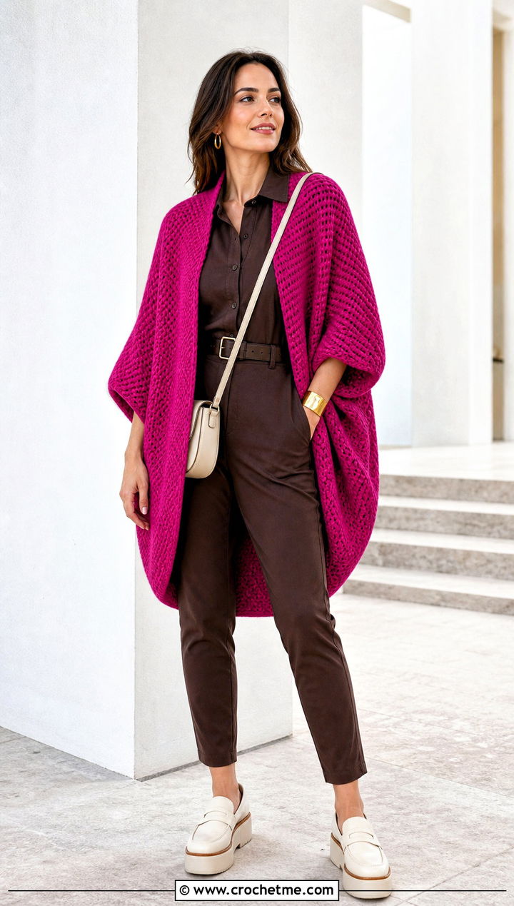 Cocoon Crochet Cardigan With Fitted Jumpsuit - 30 long crochet cardigan outfit ideas