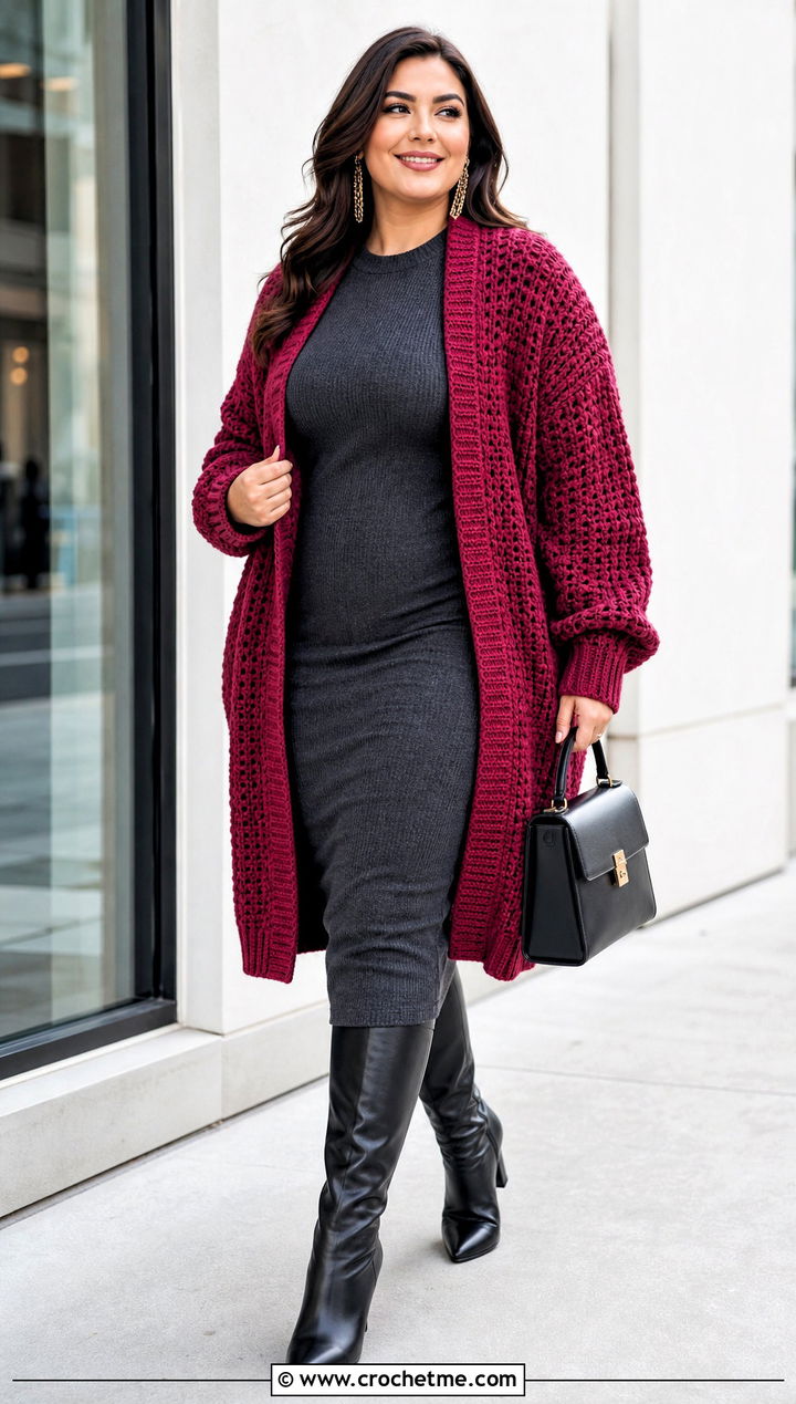 Cocoon Crochet Cardigan With Fitted Knit Dress - 30 crochet cardigan design outfit ideas