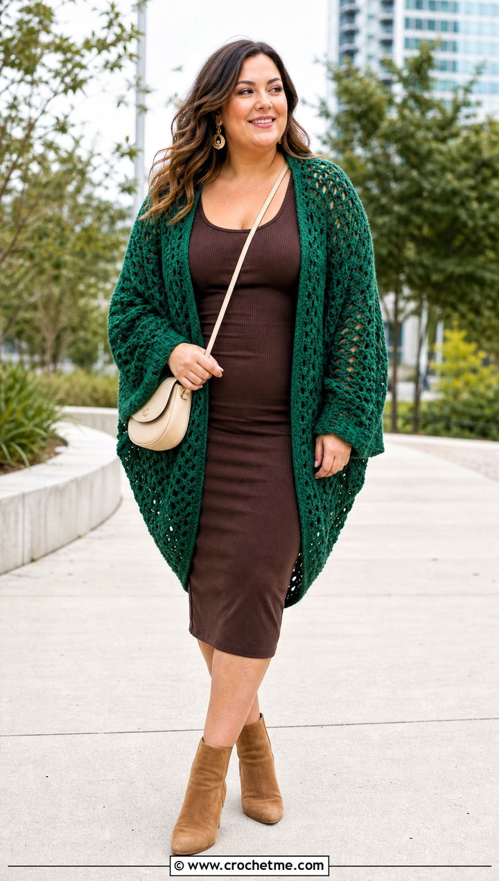 Cocoon Crochet Cardigan With Fitted Midi Dress - 30 crochet plus size cardigan outfit ideas