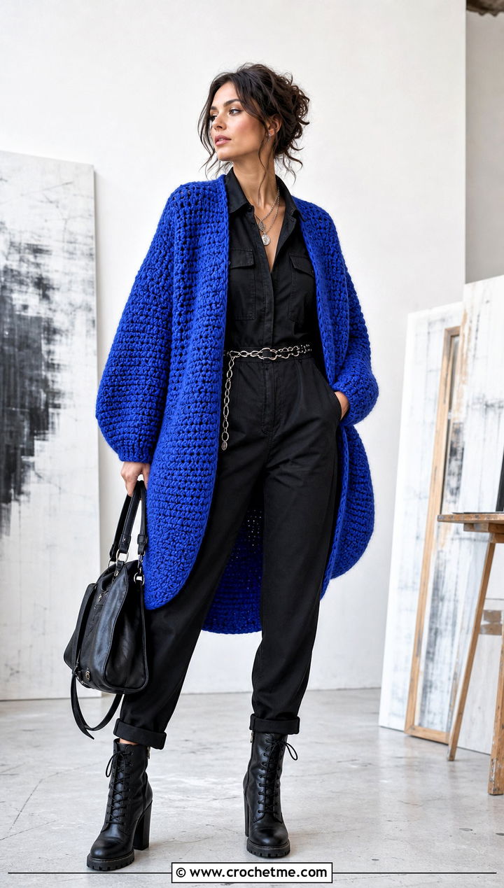 Cocoon Crochet Cardigan With Jumpsuit - 25 witchy crochet cardigan outfit ideas