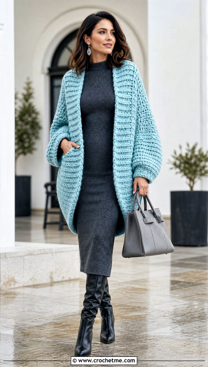 Cocoon Crochet Cardigan With Knit Dress - 15 Women Crochet Cardigan outfit ideas