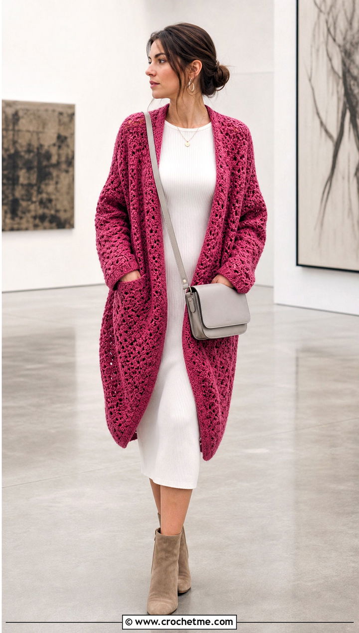 Cocoon Crochet Cardigan With Knit Dress - 30 fast crochet cardigan outfit ideas