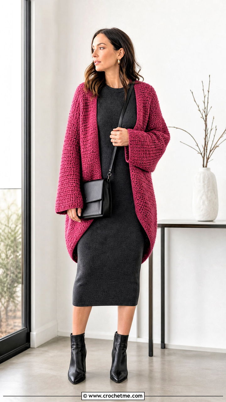 Cocoon Crochet Cardigan With Knit Midi Dress - 35 easy crochet cardigan women outfit ideas