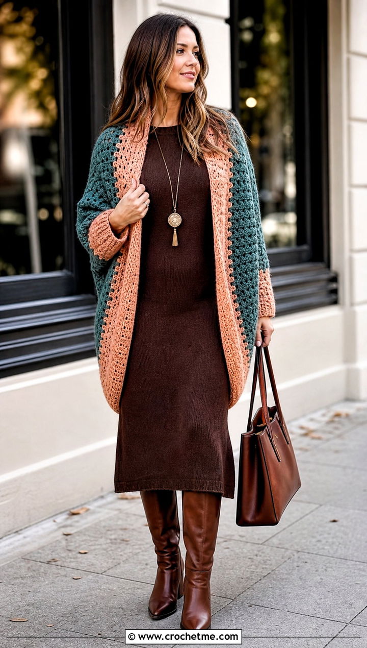 Cocoon Crochet Cardigan With Knit Midi Dress - 30 two color crochet cardigan outfit ideas
