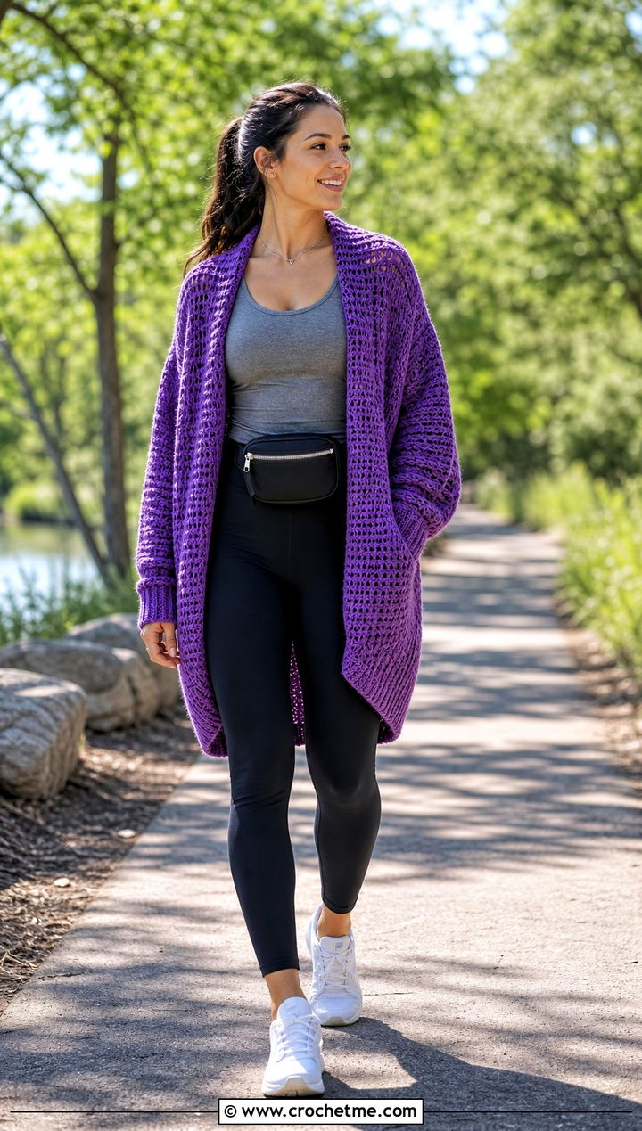Cocoon Crochet Cardigan With Leggings And Sneakers - 15 classic crochet cardigan outfit ideas