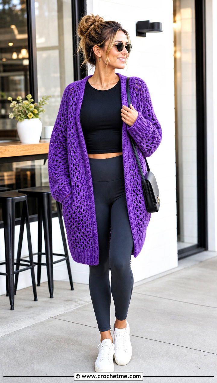 Cocoon Crochet Cardigan With Leggings And Sneakers - 30 crochet women's cardigan outfit ideas
