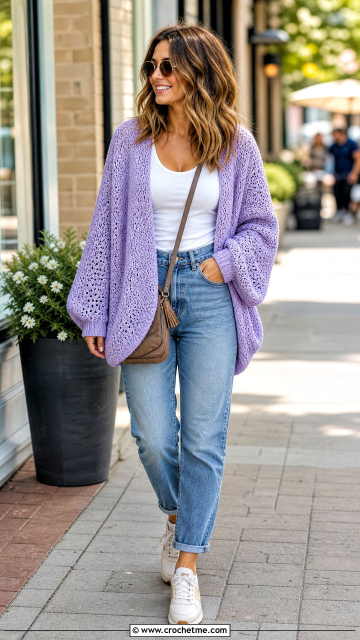 Cocoon Crochet Cardigan With Mom Jeans - 35 crochet cardigan for women outfit ideas