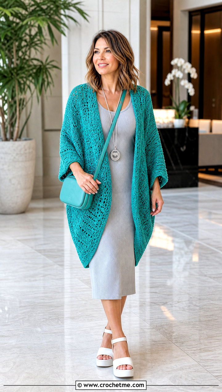 Cocoon Crochet Cardigan With Ribbed Midi Dress - 30 short sleeve crochet cardigan outfit ideas