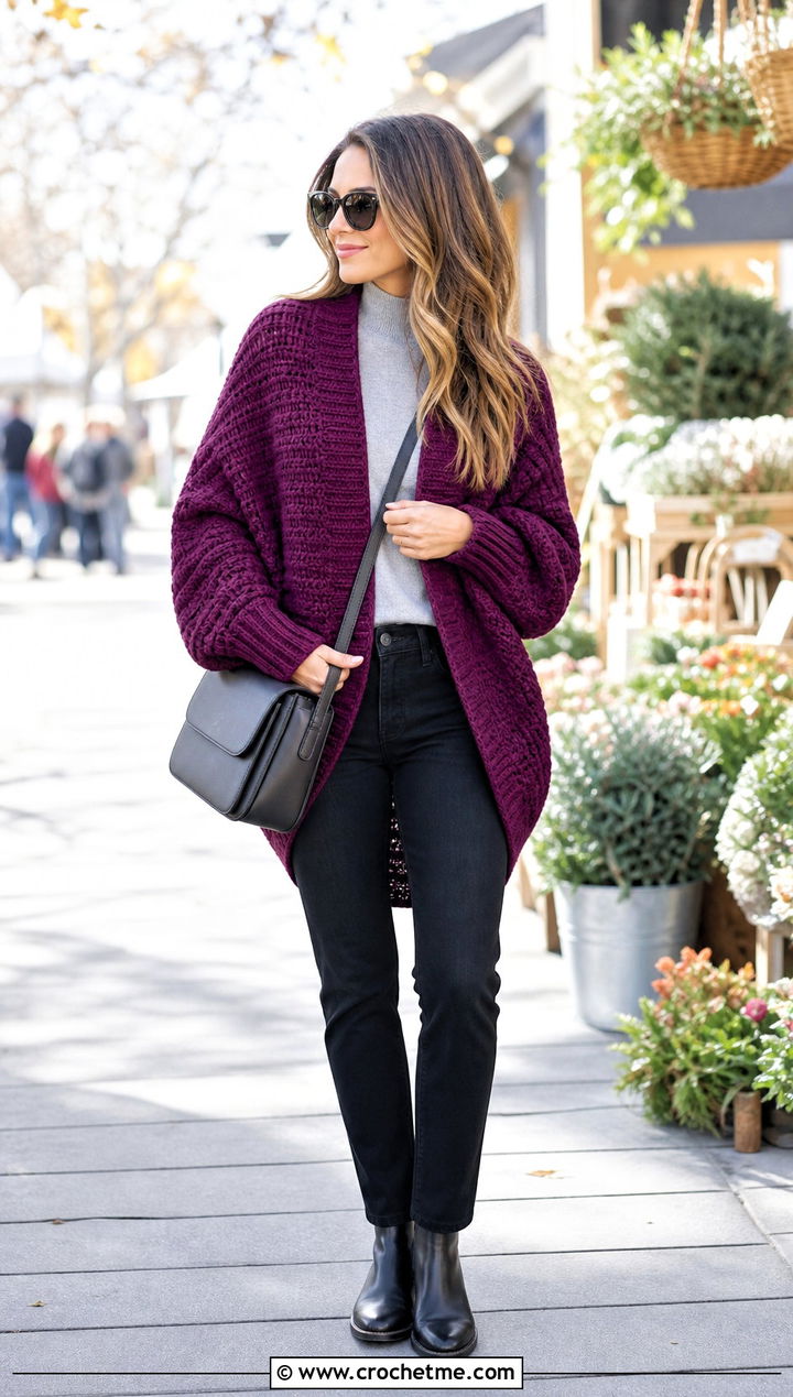 Cocoon Crochet Cardigan With Slim Jeans - 25 Autumn Crochet Cardigan outfit ideas